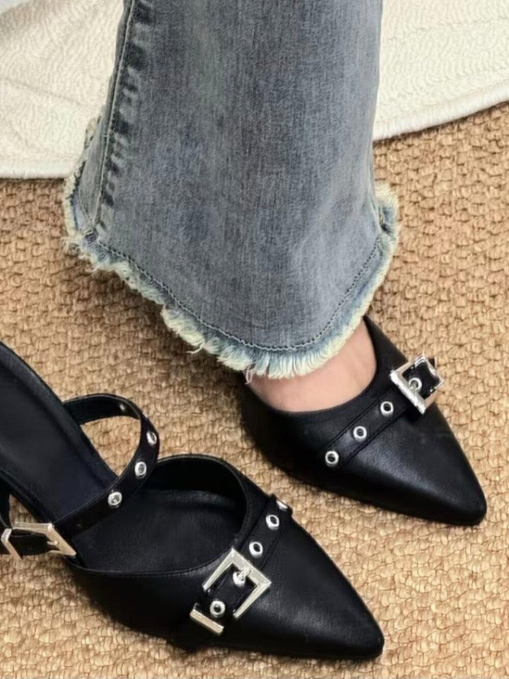 Women's Kitten Heel Sandals, Elegant Slip-On with Pointed Toe & Double Buckle